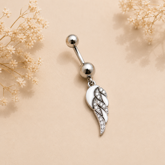 Piercing Nombril ANGÉLE Aile d'Ange Nacrée en Acier Chirurgical 316L – Strass Scintillants