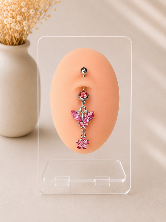 Piercing Nombril FLEUR Papillon Fleur Pendant en Acier Chirurgical 316L – Strass Scintillants